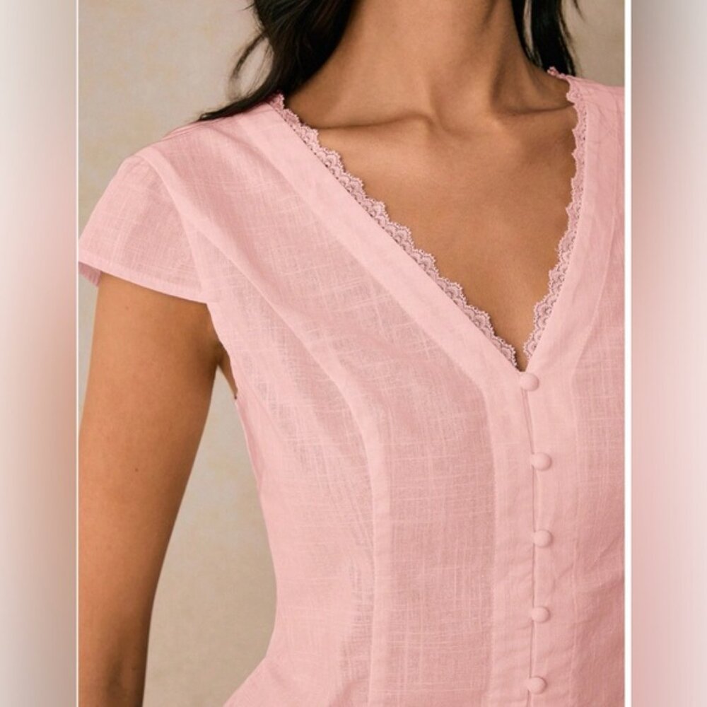 LAST ONE 🔥 Boho Lace Cap Sleeve Single Button Blouse Pink - Picture 2 of 7